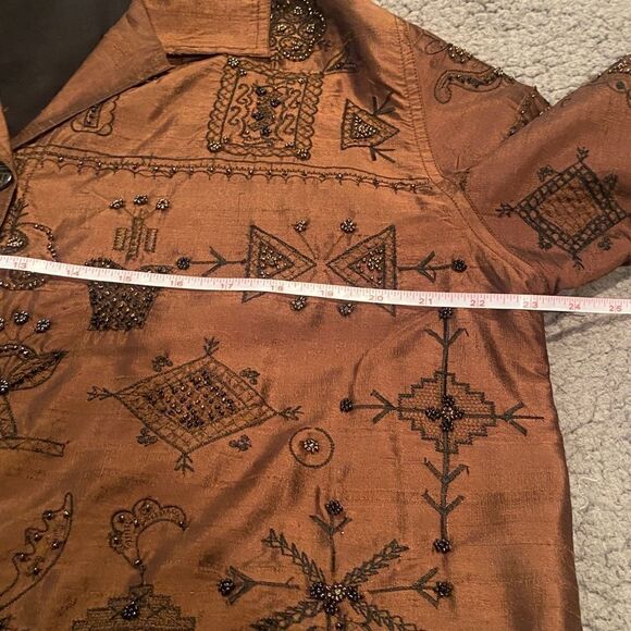 Chico’s Design 100% Silk Embroidery Blazer Jacket Size 2 (Large) Brown Beaded - Picture 12 of 15